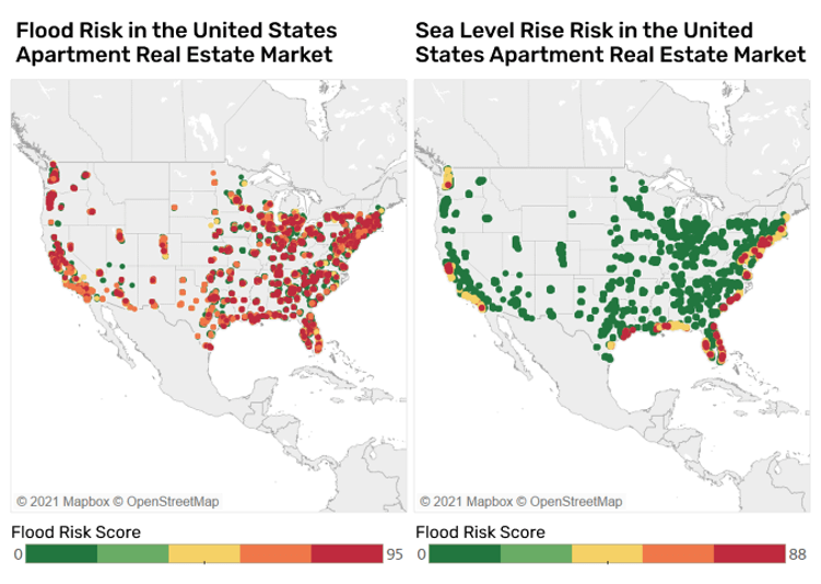 2 maps showing degrees of flood risk and sea level rise risk in the US Apartment Real Estate Market to showcase new Moody's CRE Climate capabilities.